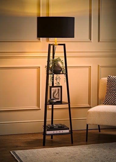 ValueLights Hiru Black 3 Tier Shelf Floor Lamp with Metallic Gold Inner Shade