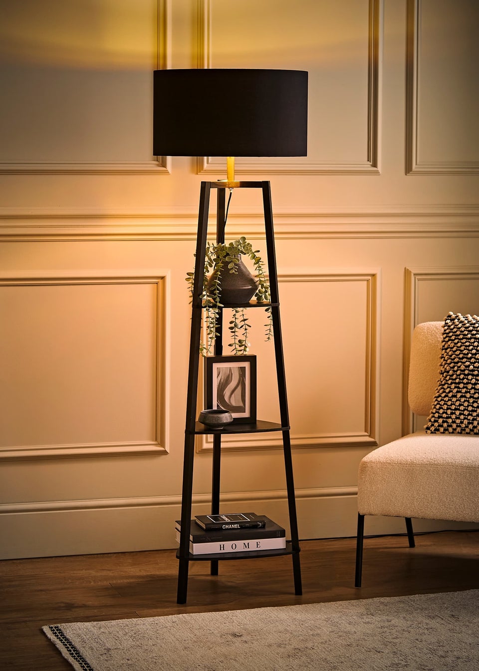 ValueLights Hiru Black 3 Tier Shelf Floor Lamp with Metallic Gold Inner Shade