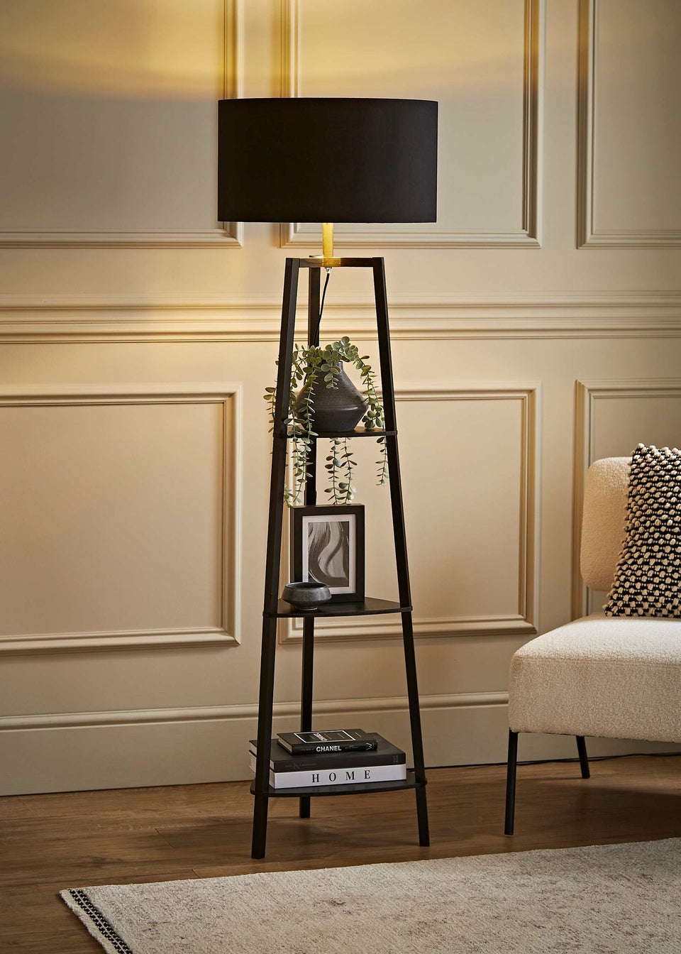 ValueLights Hiru Black 3 Tier Shelf Floor Lamp with Metallic Gold Inner Shade