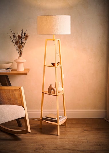 ValueLights Hiru Natural 3 Tier Shelf Floor Lamp with Cream Boucle Shade
