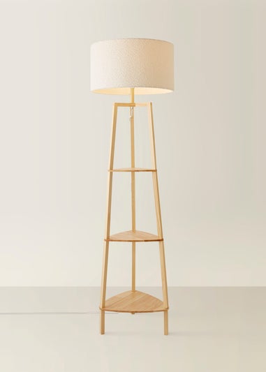 ValueLights Hiru Natural 3 Tier Shelf Floor Lamp with Cream Boucle Shade