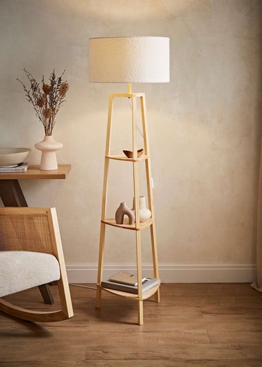 ValueLights Hiru Natural 3 Tier Shelf Floor Lamp with Cream Boucle Shade