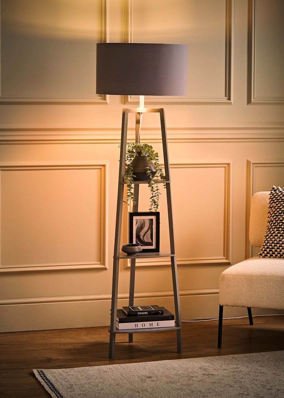 ValueLights Hiru Grey 3 Tier Shelf Floor Lamp with Metallic Silver Inner Shade