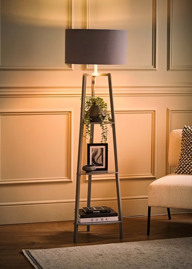 ValueLights Hiru Grey 3 Tier Shelf Floor Lamp with Metallic Silver Inner Shade