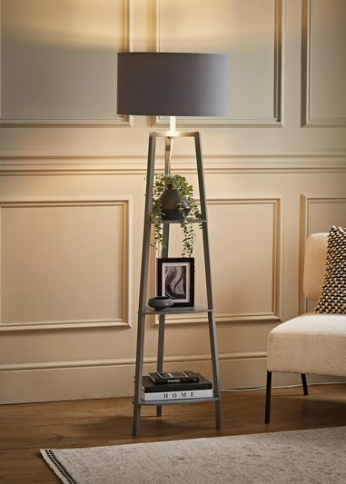 ValueLights Hiru Grey 3 Tier Shelf Floor Lamp with Metallic Silver Inner Shade
