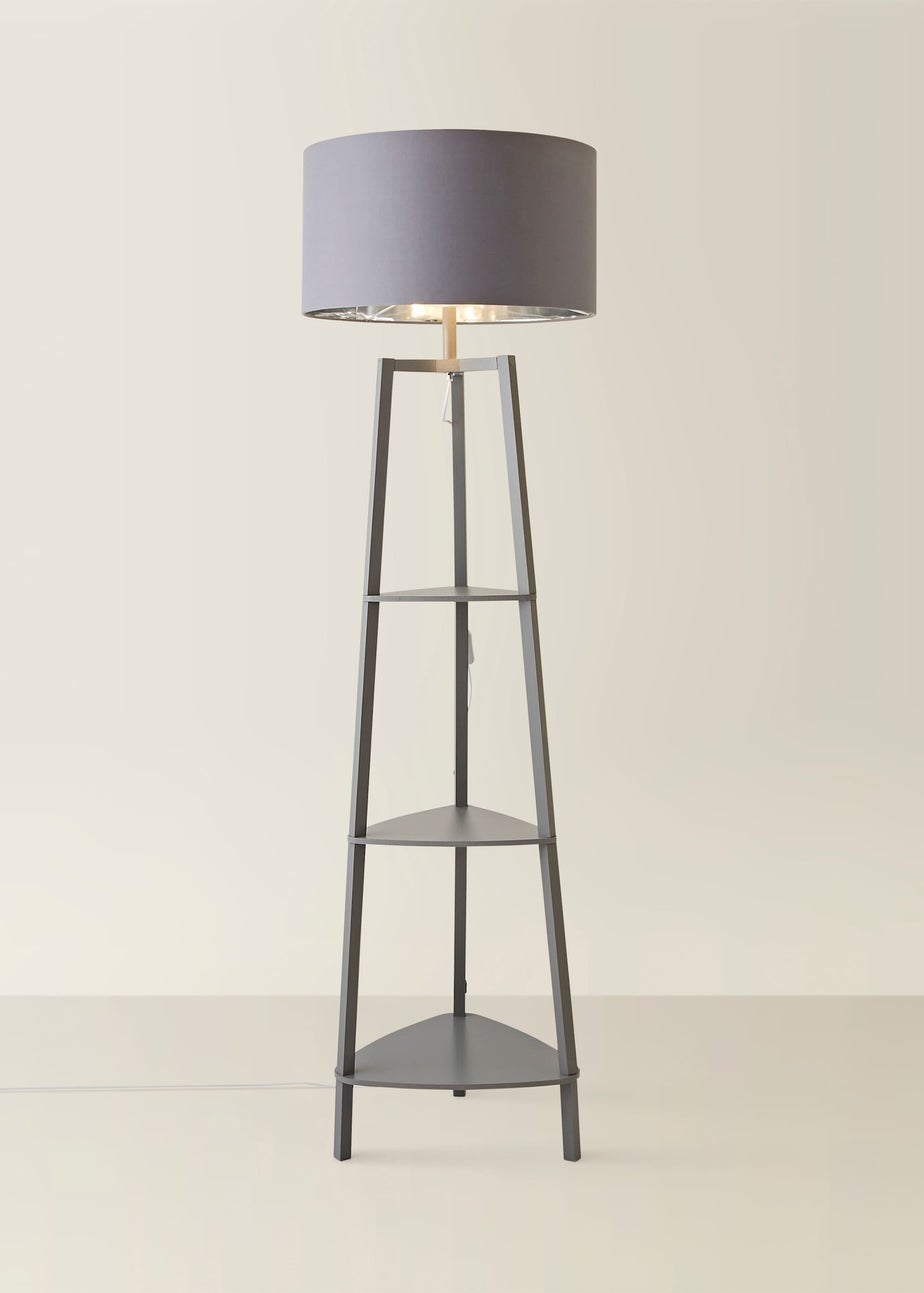 ValueLights Hiru Grey 3 Tier Shelf Floor Lamp with Metallic Silver Inner Shade