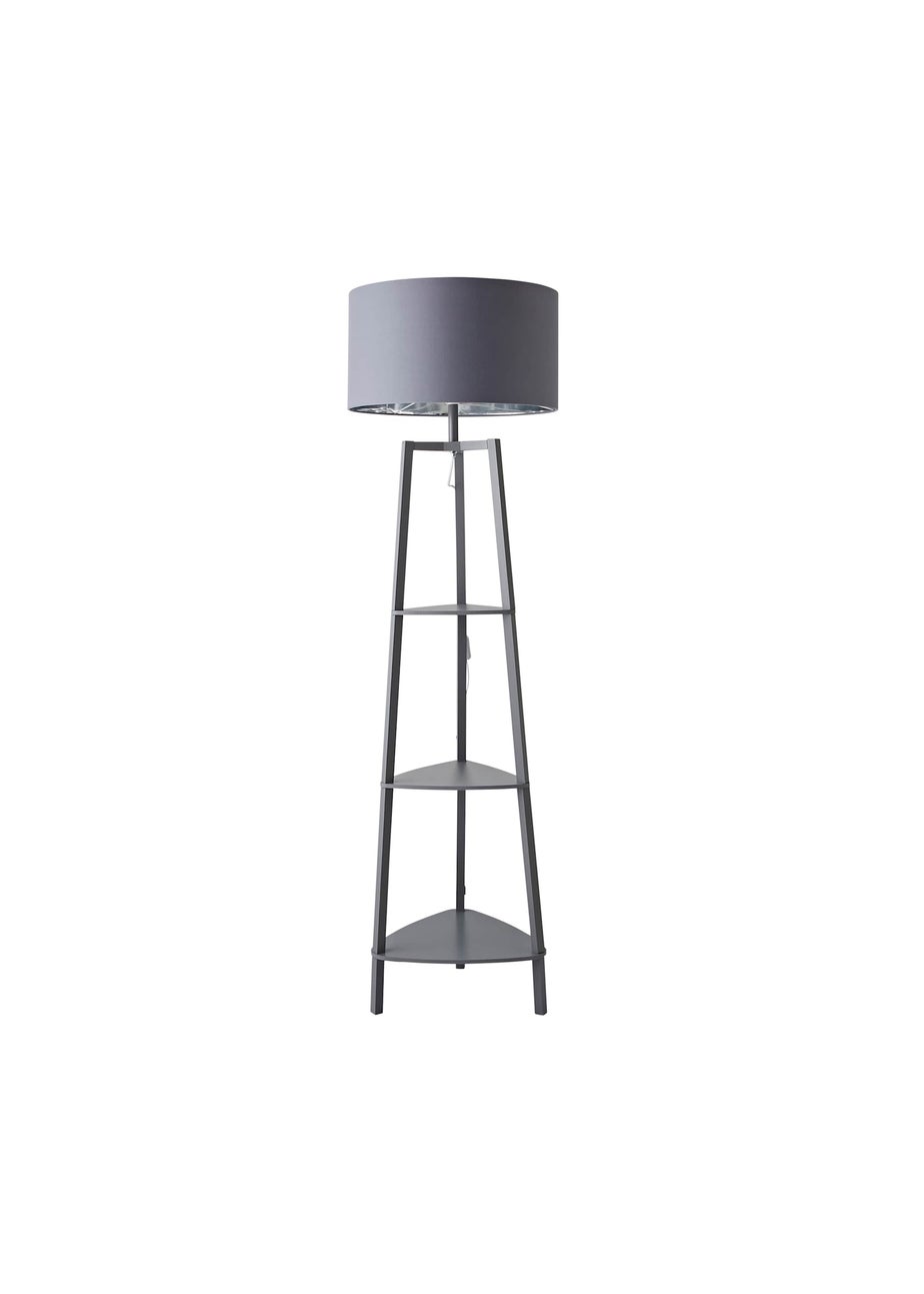 ValueLights Hiru Grey 3 Tier Shelf Floor Lamp with Metallic Silver Inner Shade