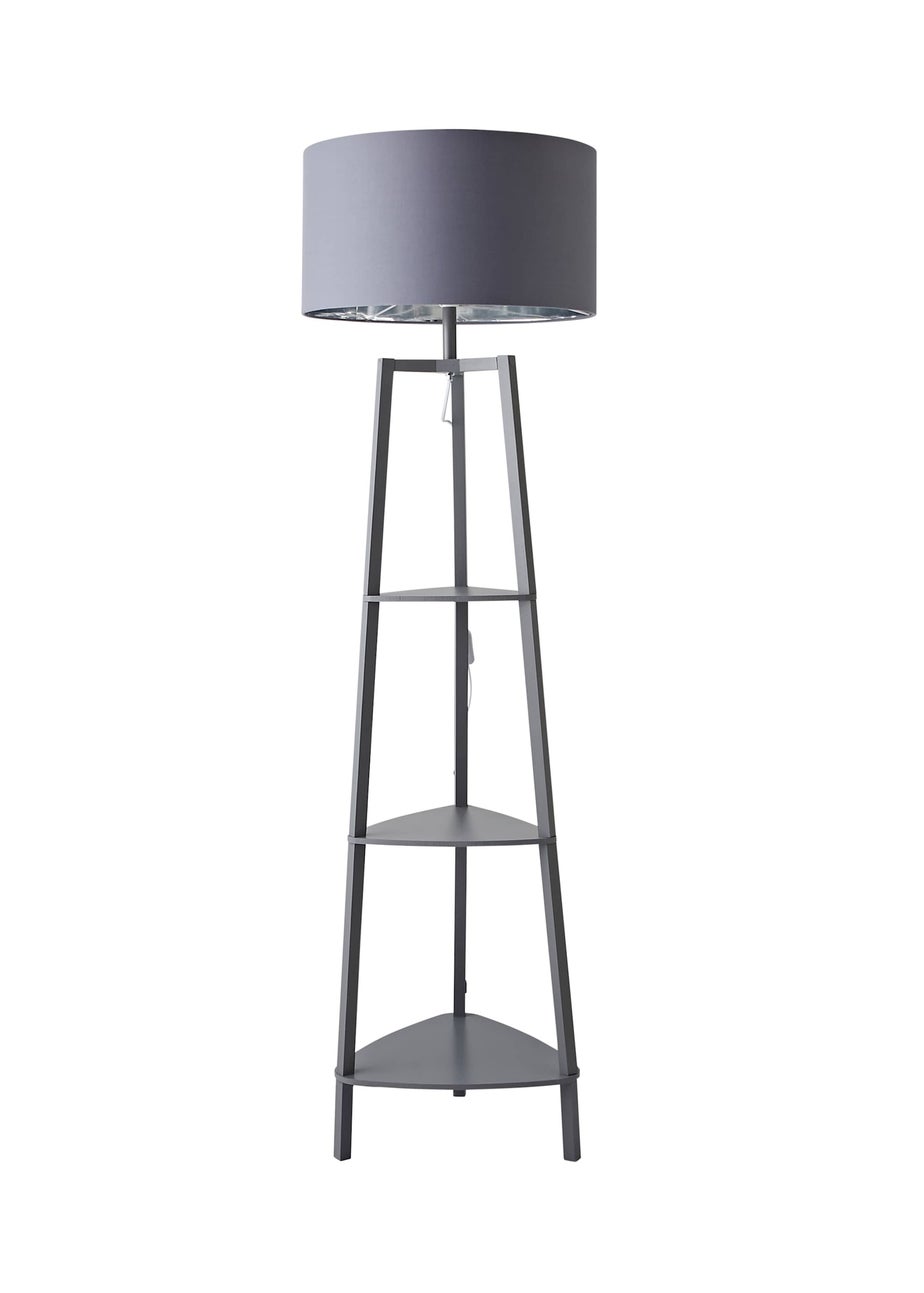 ValueLights Hiru Grey 3 Tier Shelf Floor Lamp with Metallic Silver Inner Shade