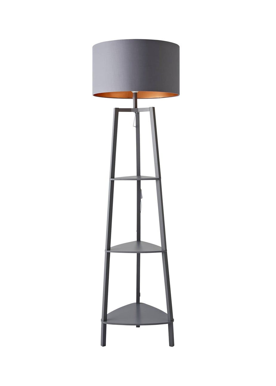 ValueLights Hiru Grey 3 Tier Shelf Floor Lamp with Metallic Copper Inner Shade
