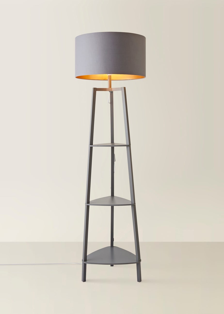 ValueLights Hiru Grey 3 Tier Shelf Floor Lamp with Metallic Copper Inner Shade