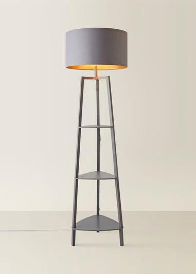 ValueLights Hiru Grey 3 Tier Shelf Floor Lamp with Metallic Copper Inner Shade