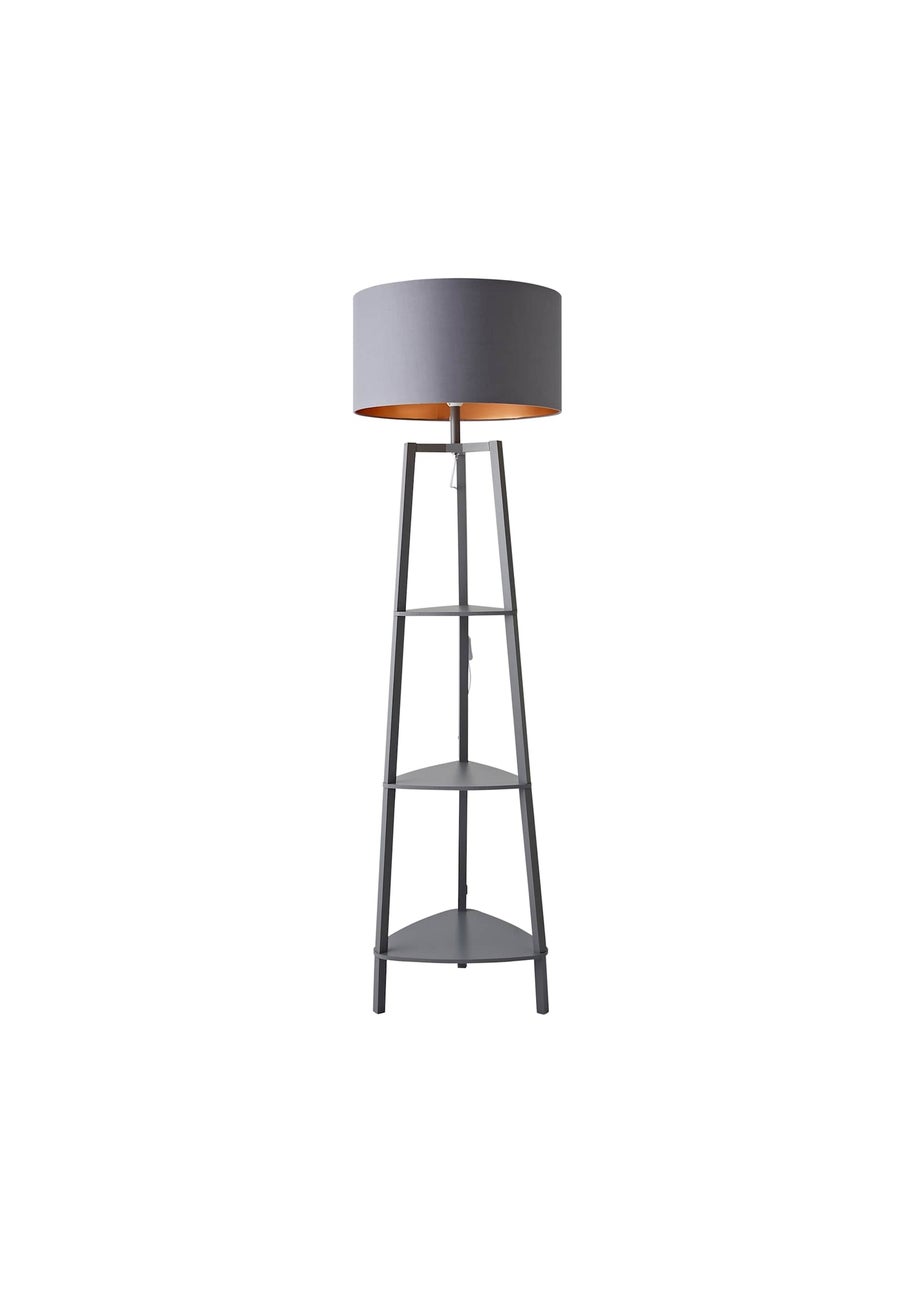 ValueLights Hiru Grey 3 Tier Shelf Floor Lamp with Metallic Copper Inner Shade