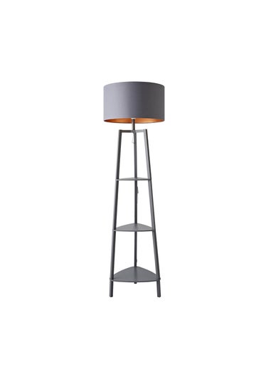 ValueLights Hiru Grey 3 Tier Shelf Floor Lamp with Metallic Copper Inner Shade