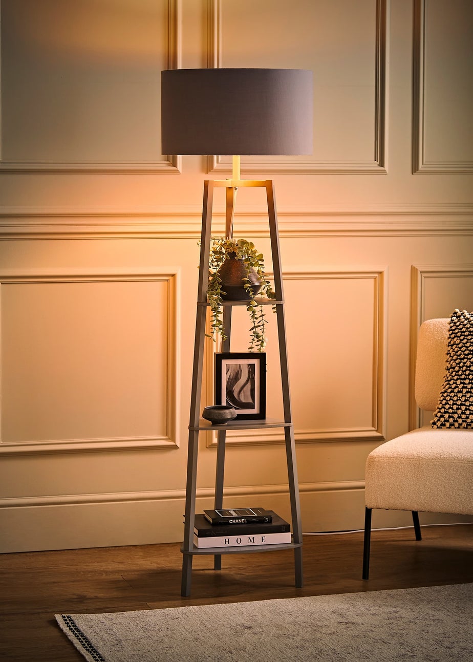 ValueLights Hiru Grey 3 Tier Shelf Floor Lamp with Metallic Copper Inner Shade