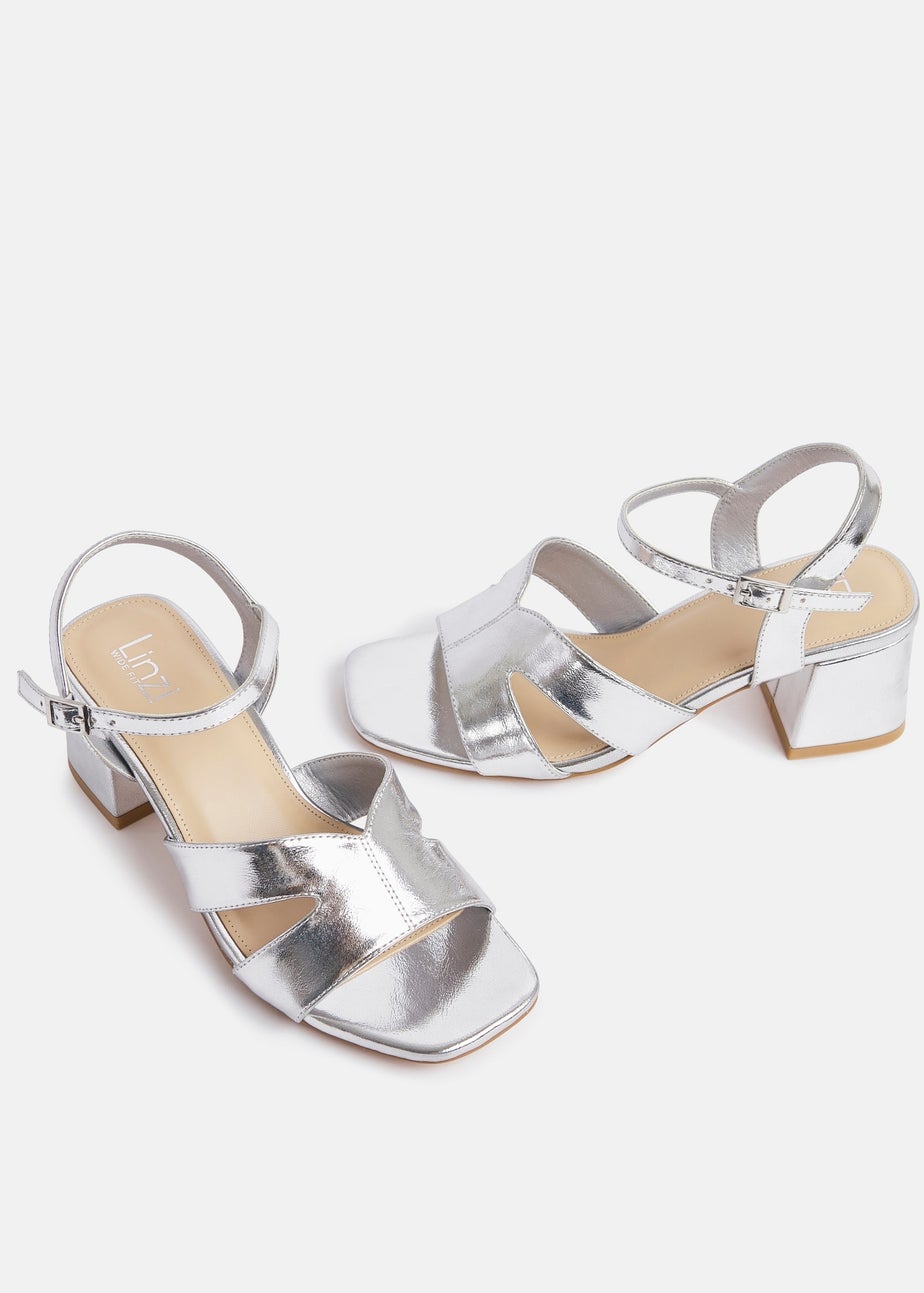 Linzi Empire Wide Fit Silver Faux Leather Link Detail Block Heels