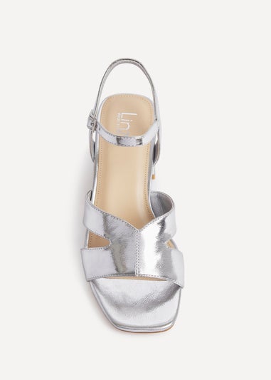 Linzi Empire Wide Fit Silver Faux Leather Link Detail Block Heels