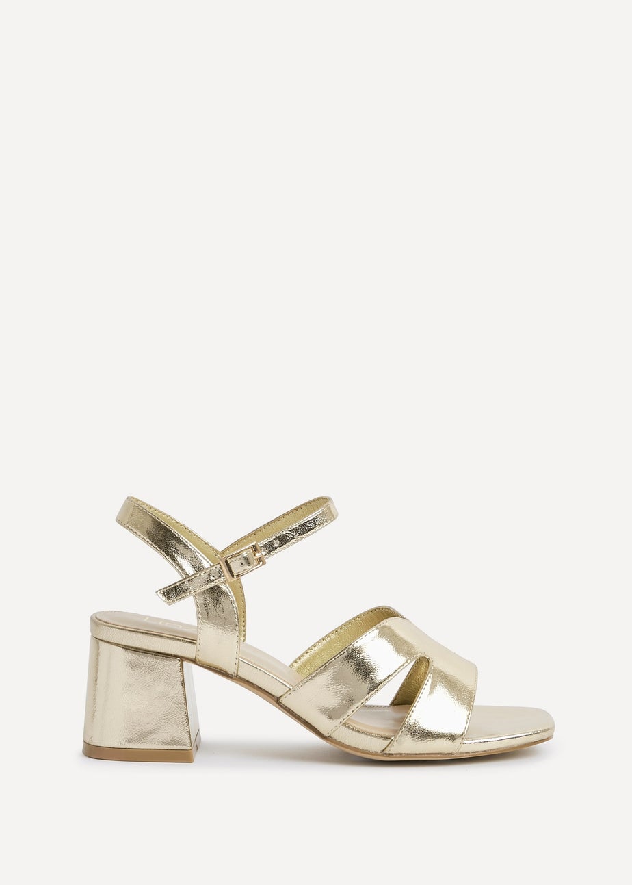 Linzi Empire Wide Fit Gold Faux Leather Link Detail Block Heels