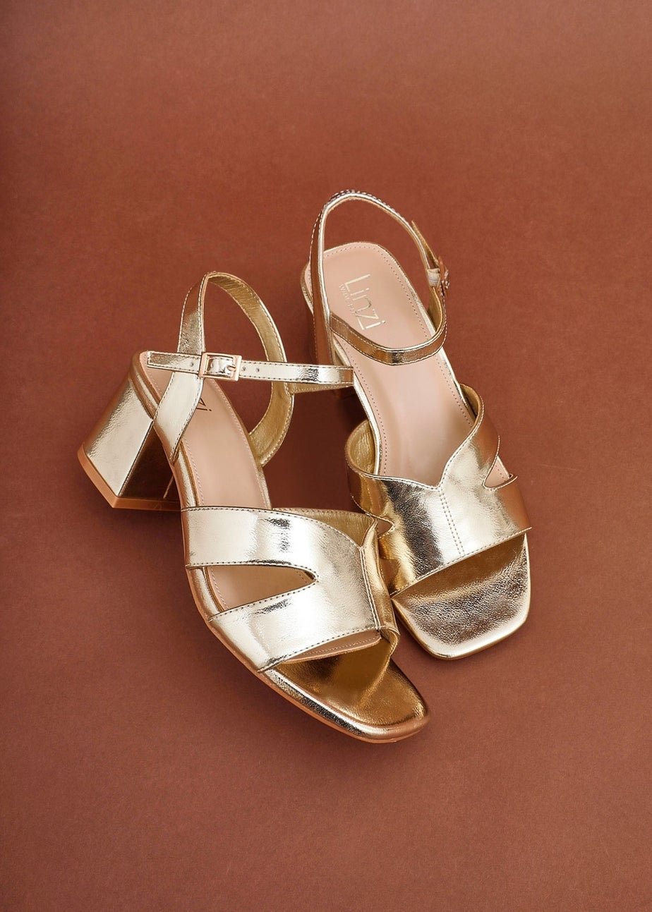 Linzi Empire Wide Fit Gold Faux Leather Link Detail Block Heels