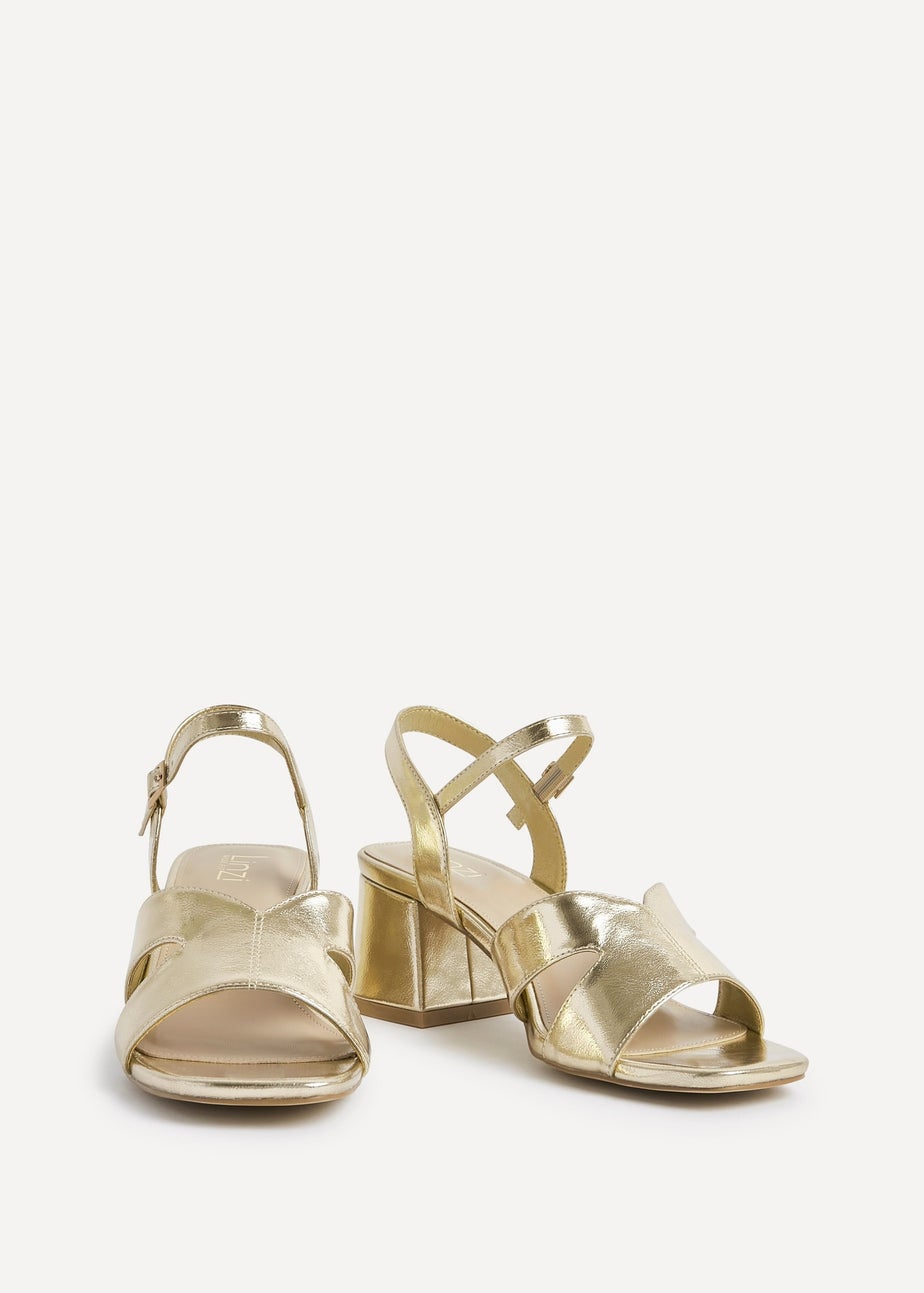 Linzi Empire Wide Fit Gold Faux Leather Link Detail Block Heels