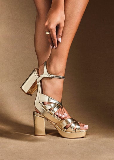 Linzi Selene Gold Faux Leather Wide Fit Crossover Platform Heels