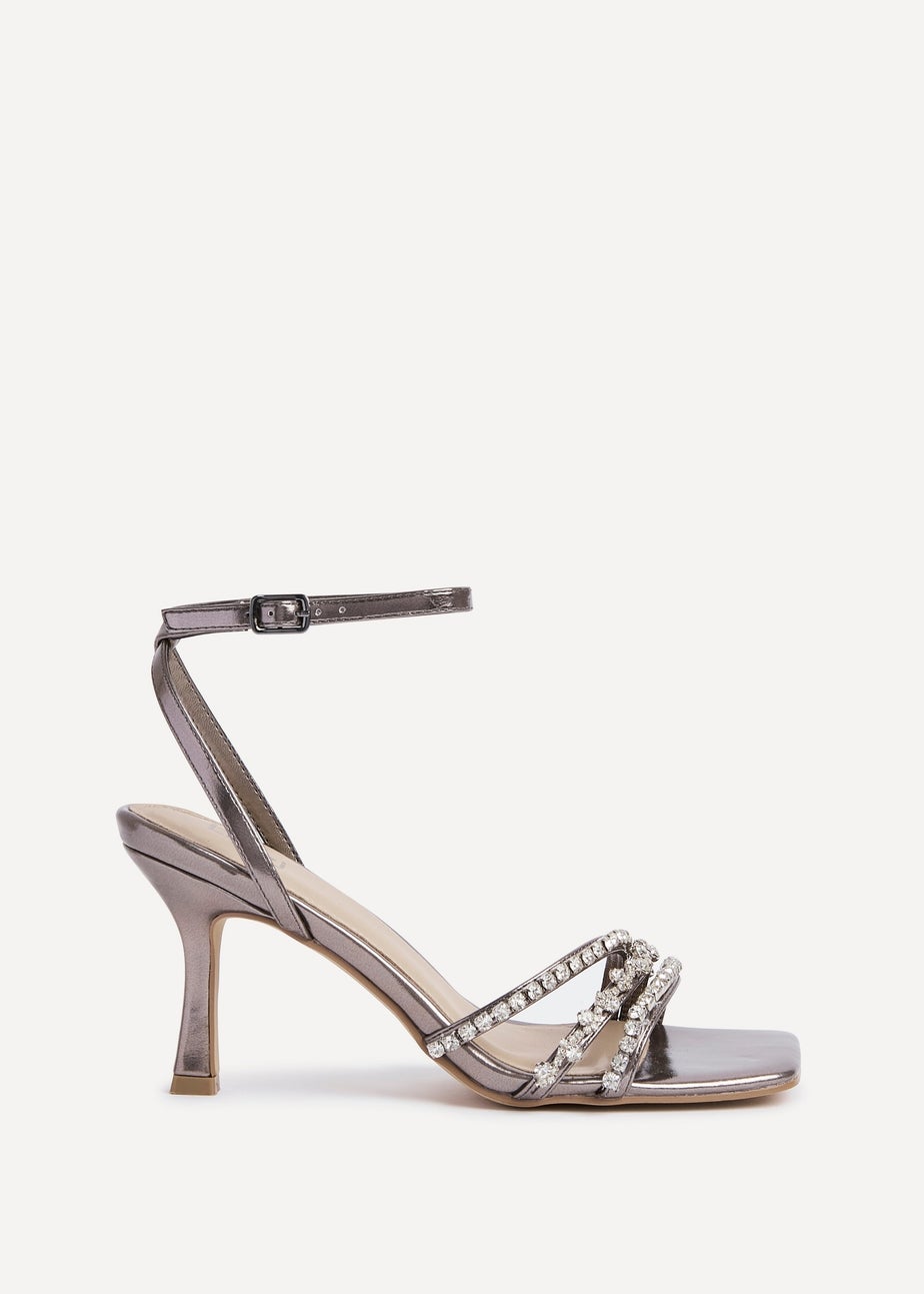 Linzi Bling Pewter Faux Leather Strappy Diamante Heel