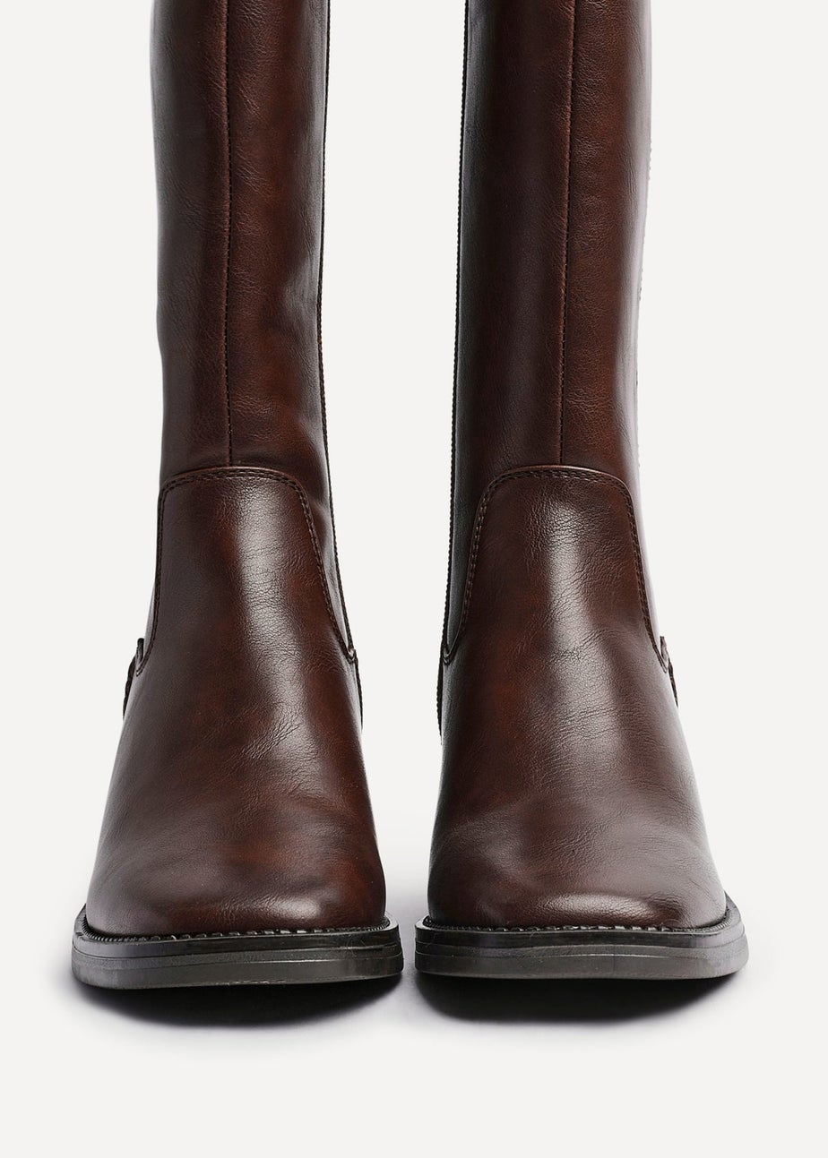 Linzi Reason Brown Faux Leather Block Heel High Leg Boot