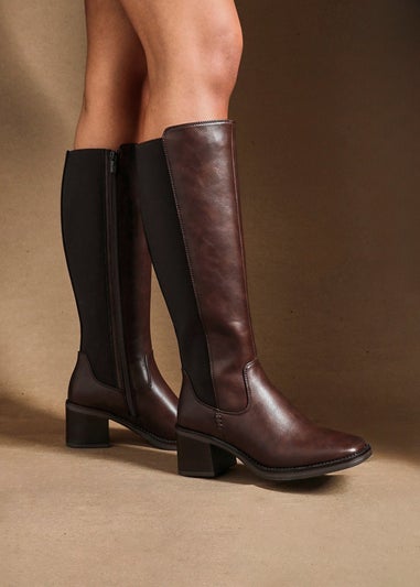 Linzi Reason Brown Faux Leather Block Heel High Leg Boot
