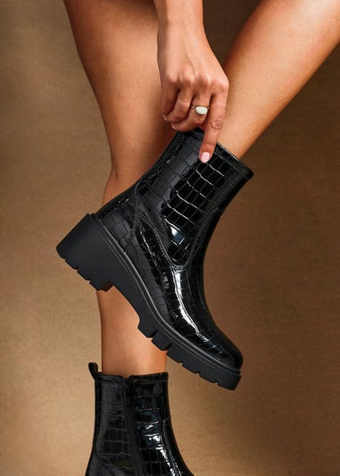 Linzi Limited Black Faux Croc Leather Ankle Boot