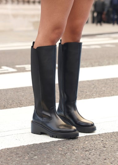 Linzi Hyland Black Faux Leather High Leg Wedge Boot