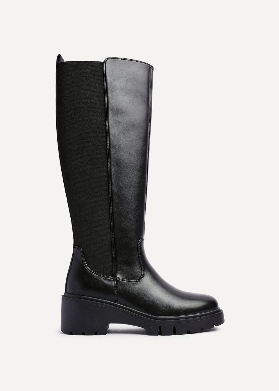 Linzi Hyland Black Faux Leather High Leg Wedge Boot