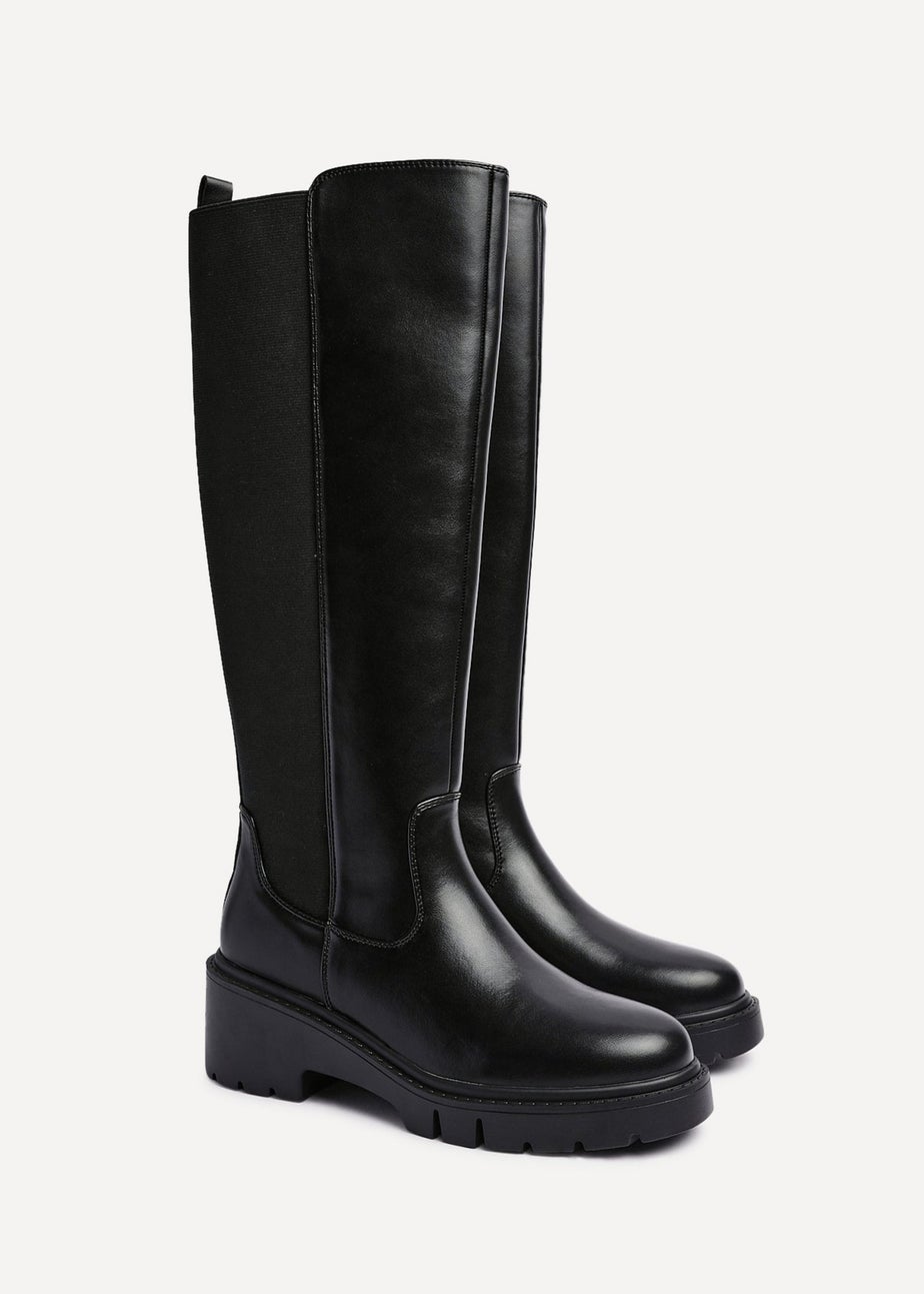 Linzi Hyland Black Faux Leather High Leg Wedge Boot