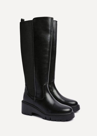 Linzi Hyland Black Faux Leather High Leg Wedge Boot