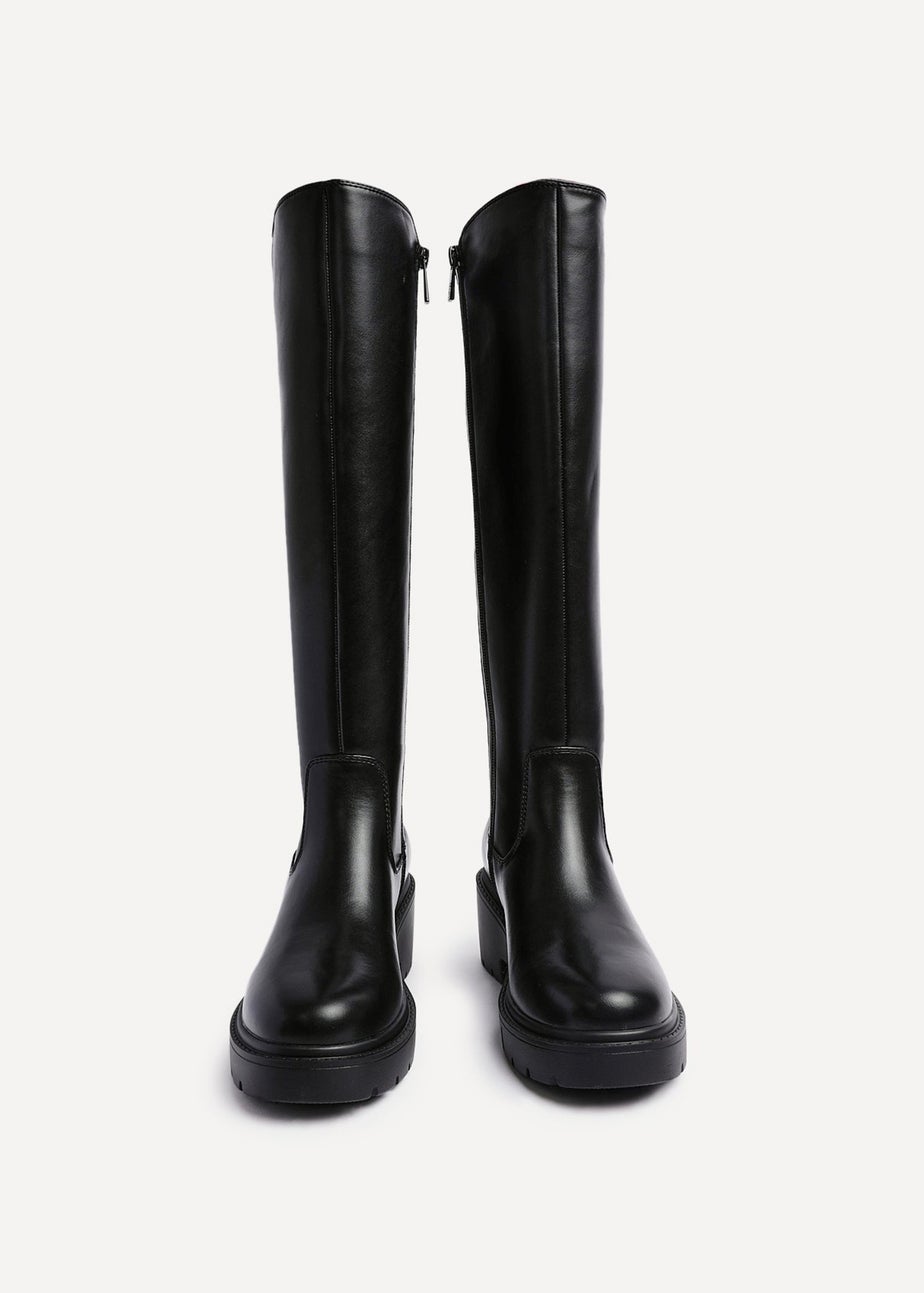 Linzi Hyland Black Faux Leather High Leg Wedge Boot
