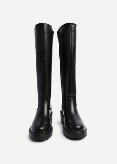 Linzi Hyland Black Faux Leather High Leg Wedge Boot