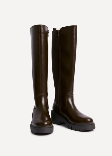 Linzi Hyland Brown Faux Leather High Leg Wedge Boot