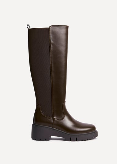 Linzi Hyland Brown Faux Leather High Leg Wedge Boot