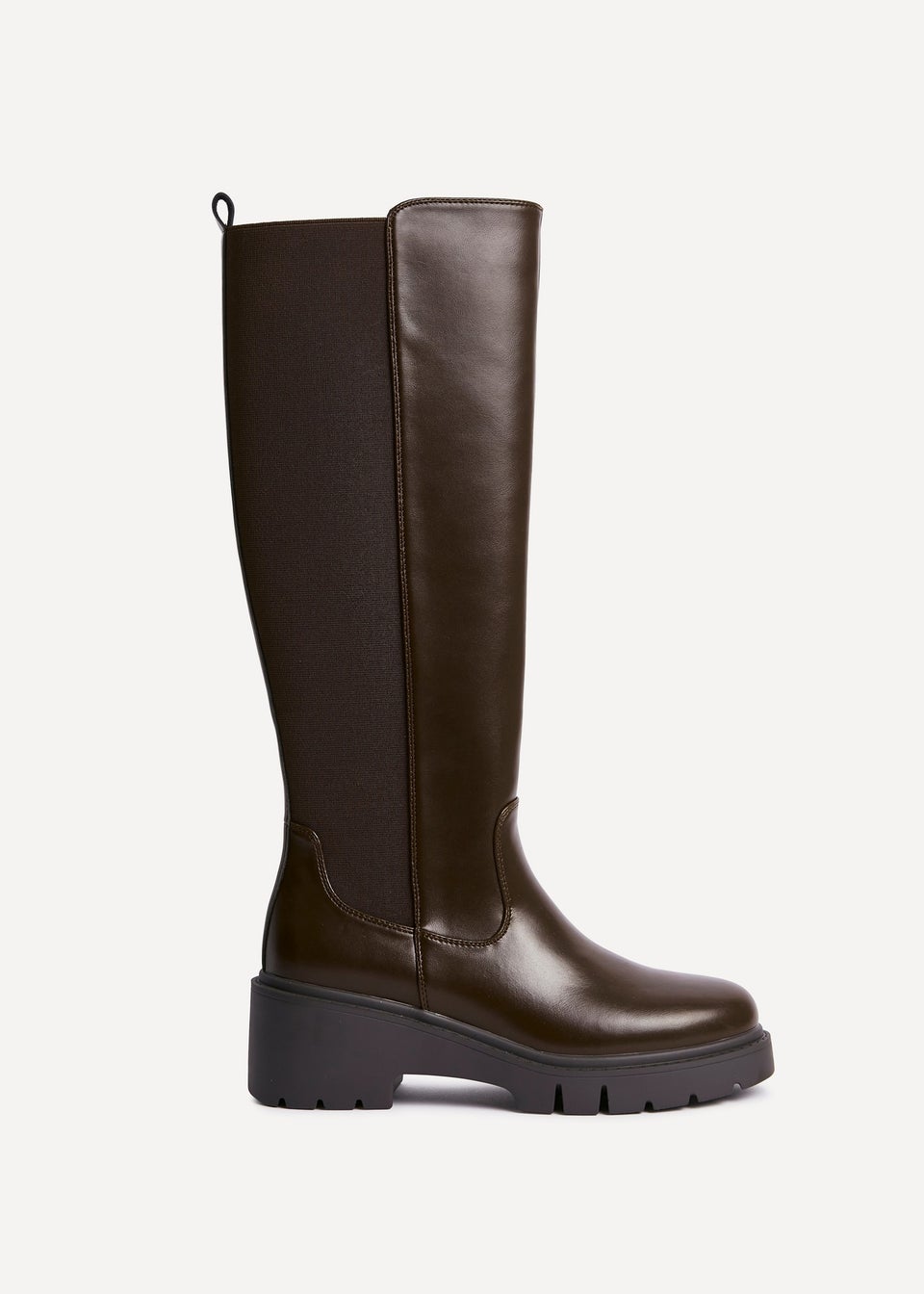 Linzi Hyland Brown Faux Leather High Leg Wedge Boot