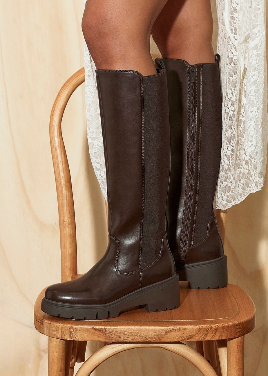 Linzi Hyland Brown Faux Leather High Leg Wedge Boot