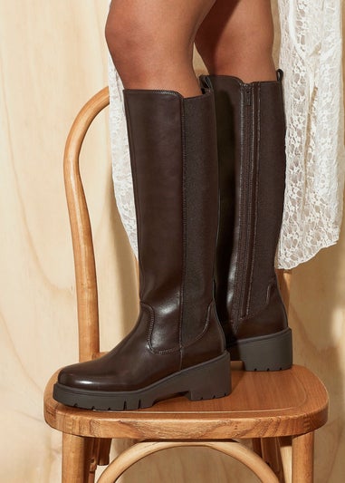 Linzi Hyland Brown Faux Leather High Leg Wedge Boot