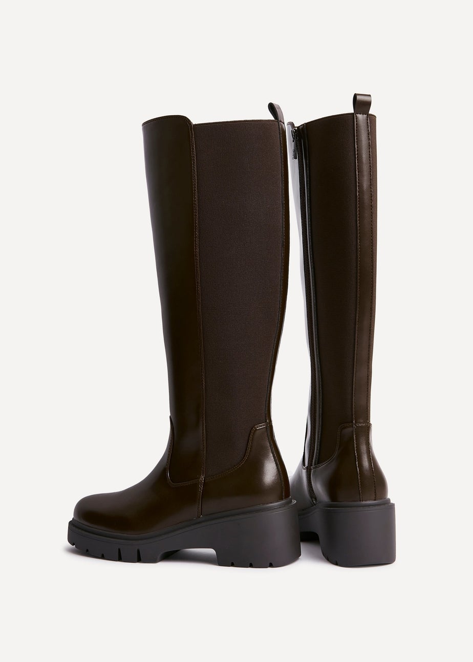 Linzi Hyland Brown Faux Leather High Leg Wedge Boot