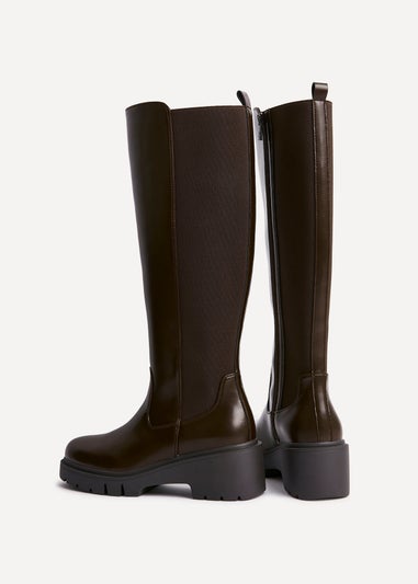 Linzi Hyland Brown Faux Leather High Leg Wedge Boot