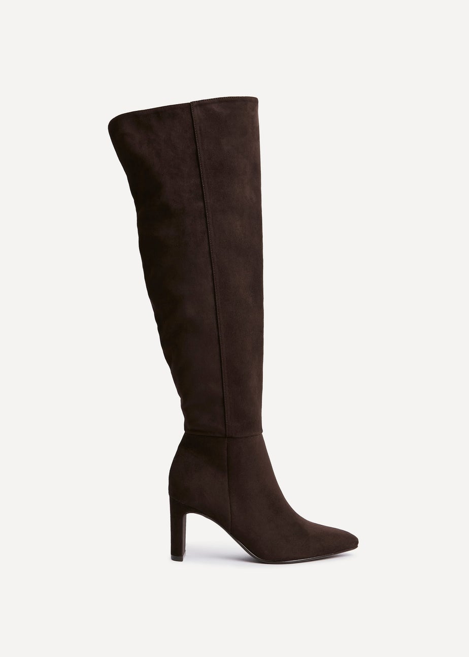 Linzi Demand Brown Faux Suede Over The Knee Block Heeled Boot