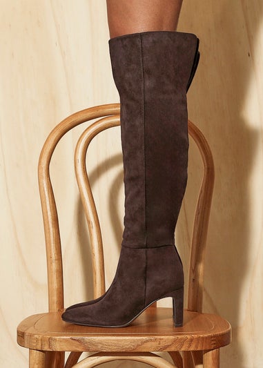 Linzi Demand Brown Faux Suede Over The Knee Block Heeled Boot
