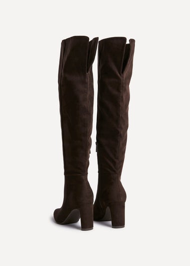 Linzi Demand Brown Faux Suede Over The Knee Block Heeled Boot