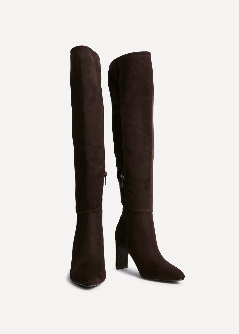 Linzi Demand Brown Faux Suede Over The Knee Block Heeled Boot