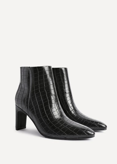 Linzi Alisha Black Faux Croc Leather Heeled Ankle Boot