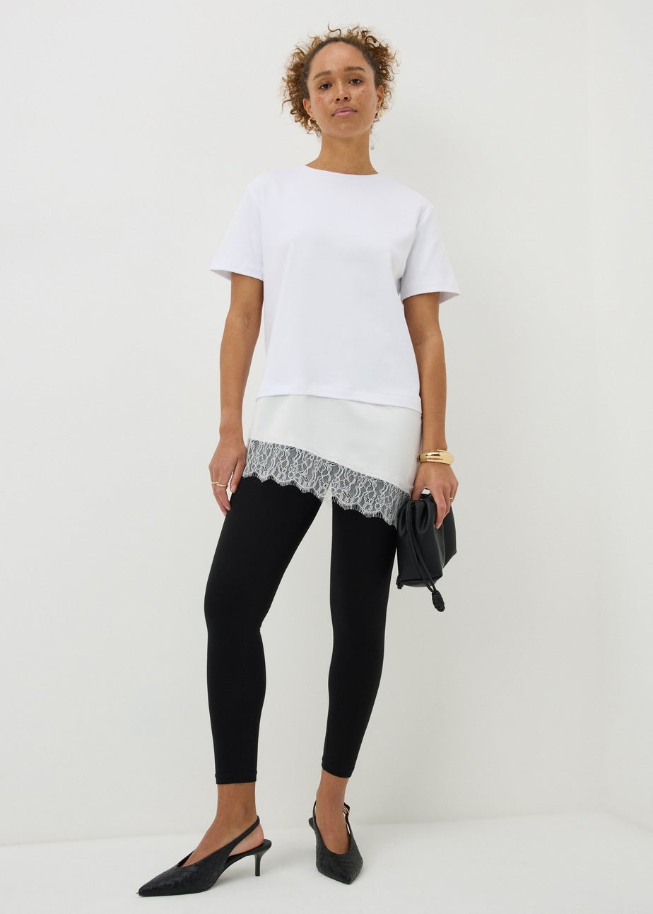 White Satin Lace Hem T-Shirt