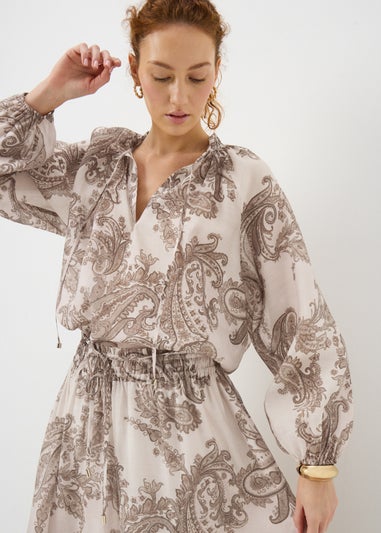 Nude Pink Paisley Tie Neck Blouse