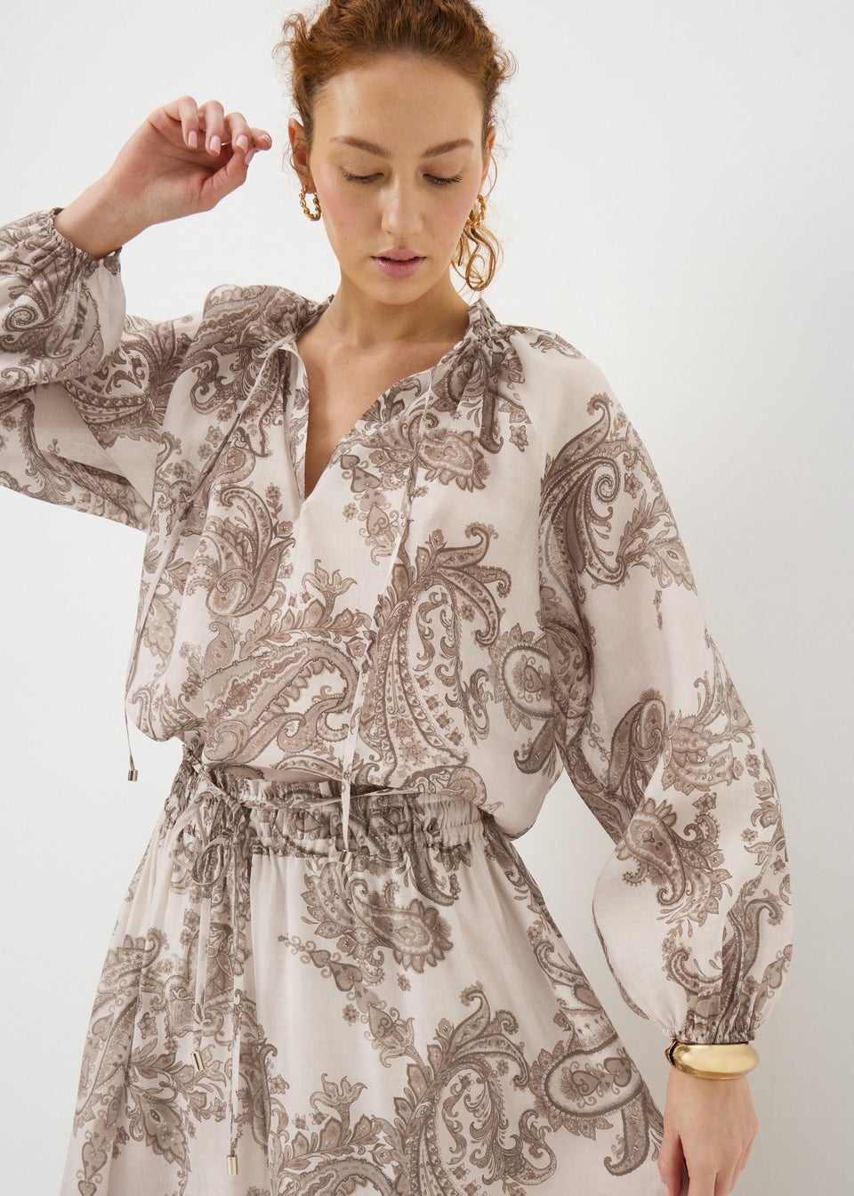 Nude Pink Paisley Tie Neck Blouse