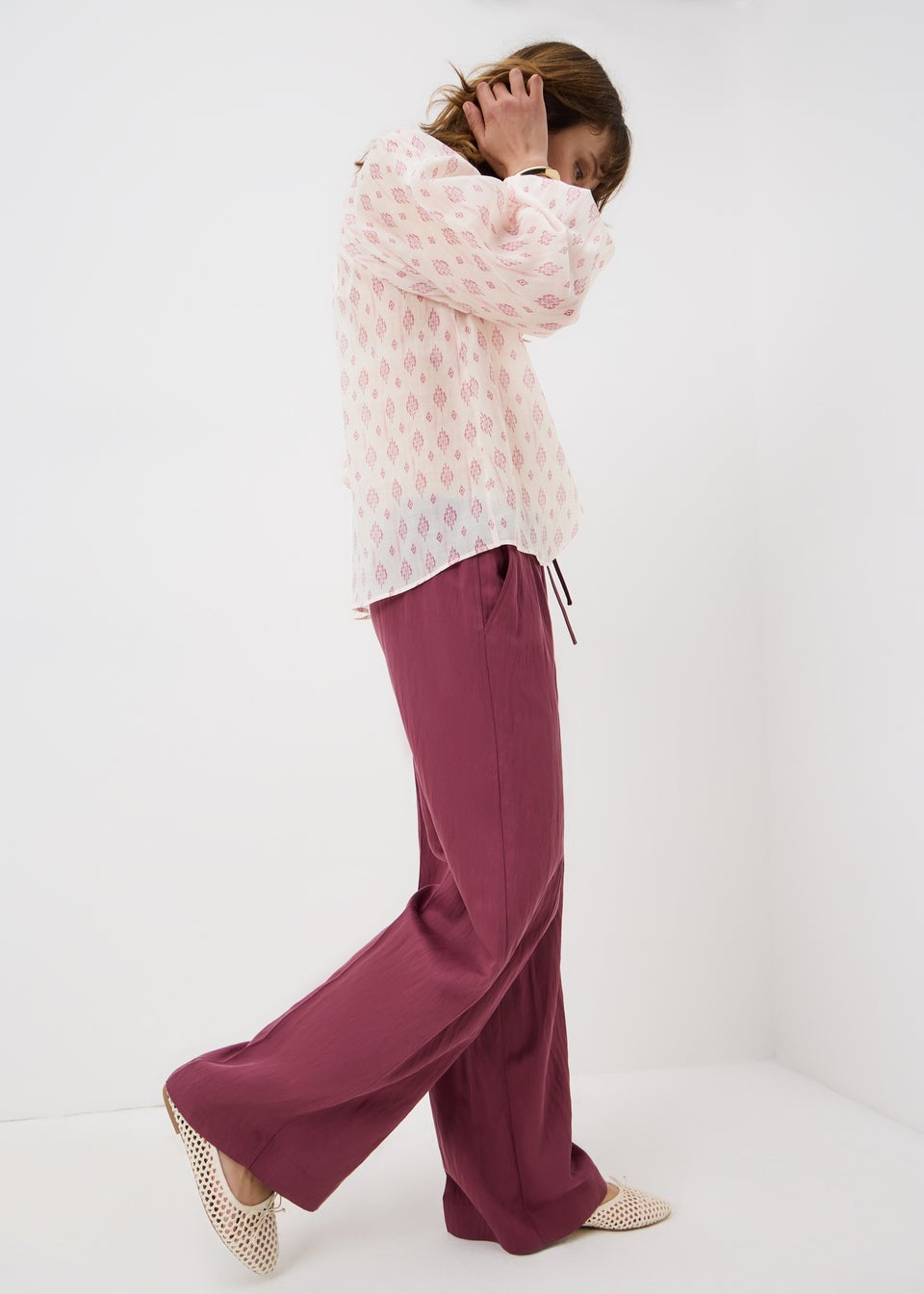 Pink Print Tie Neck Blouse